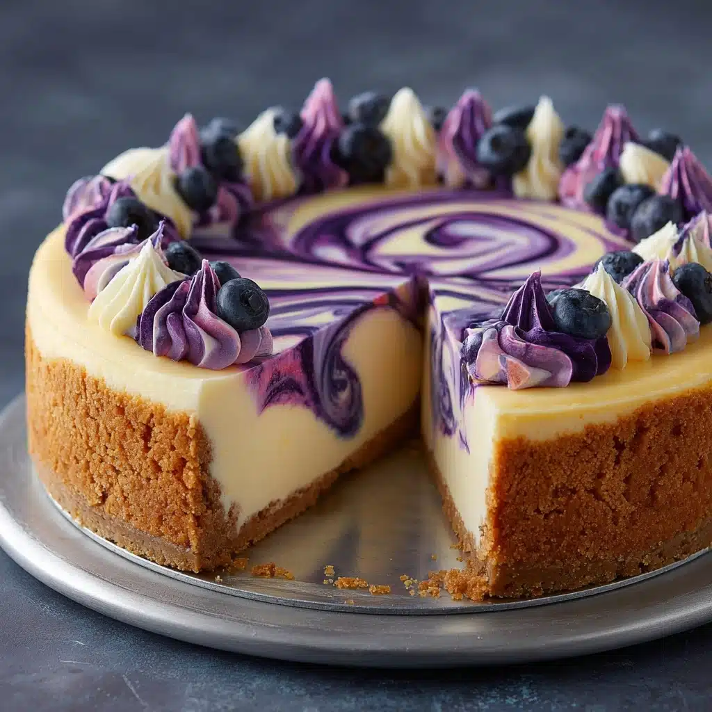 Elegant White Chocolate Blueberry Swirl Cheesecake Recipe - Recipe Image