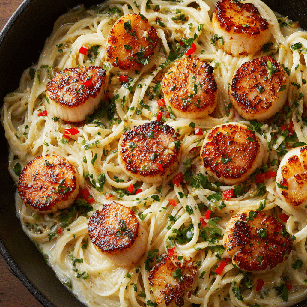 Creamy Tuscan Spaghetti with Jumbo Scallops Recipe - Recipe Image
