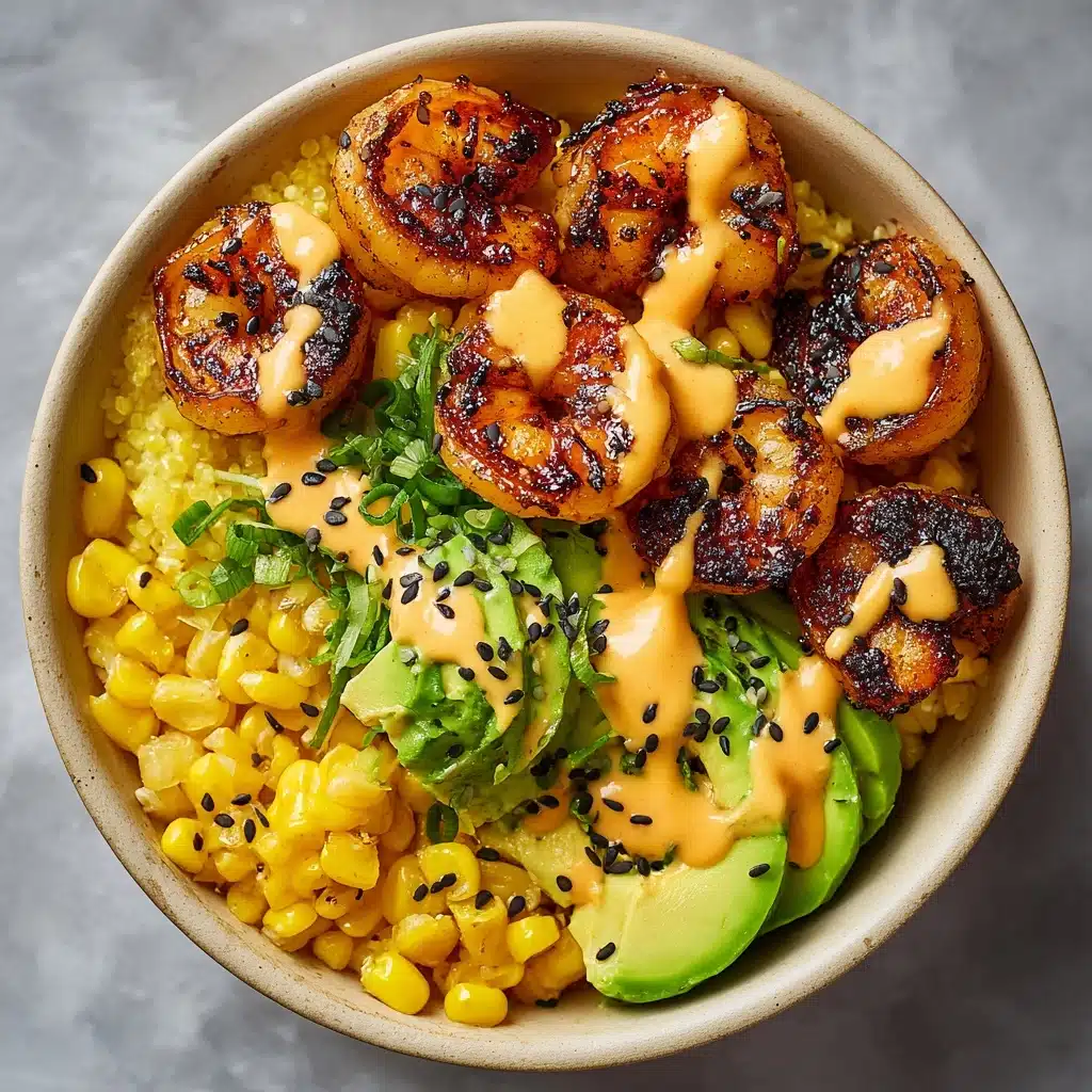 Grilled Shrimp Bowl with Avocado, Corn Salsa & Creamy Sauce Recipe - Recipe Image