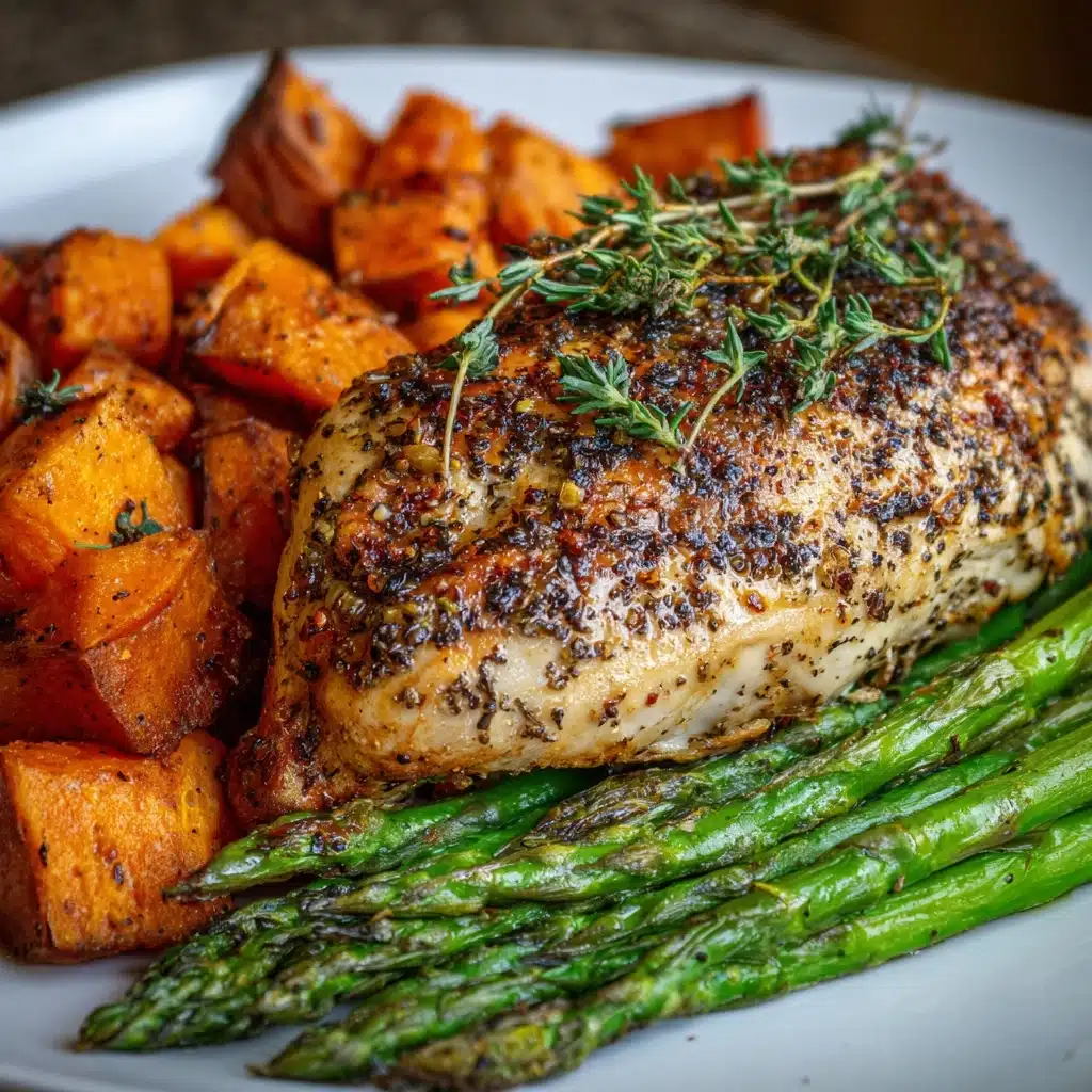 Garlic Herb Chicken with Roasted Sweet Potato & Asparagus Recipe - Recipe Image