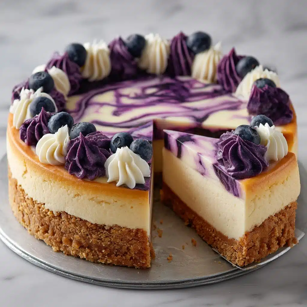 Elegant White Chocolate Blueberry Swirl Cheesecake Recipe - Recipe Image
