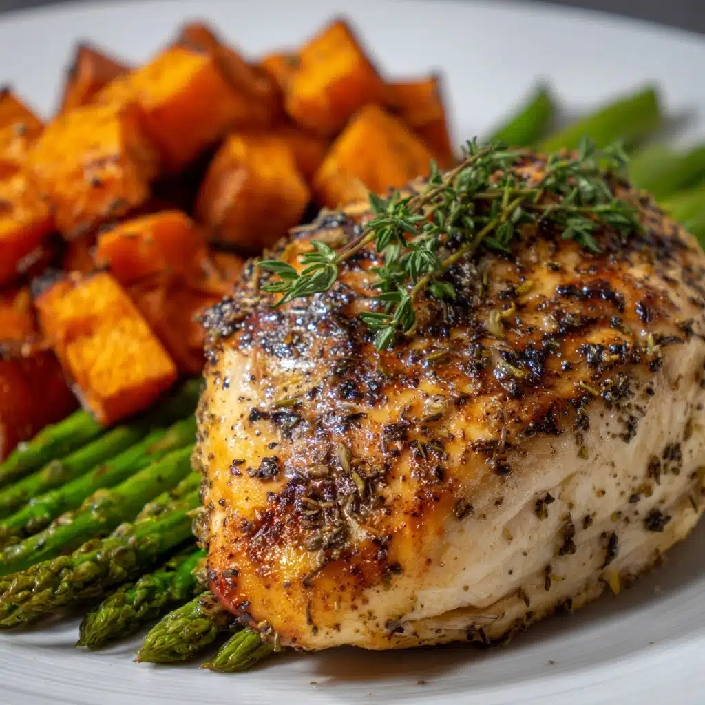 Garlic Herb Chicken with Roasted Sweet Potato & Asparagus Recipe - Recipe Image