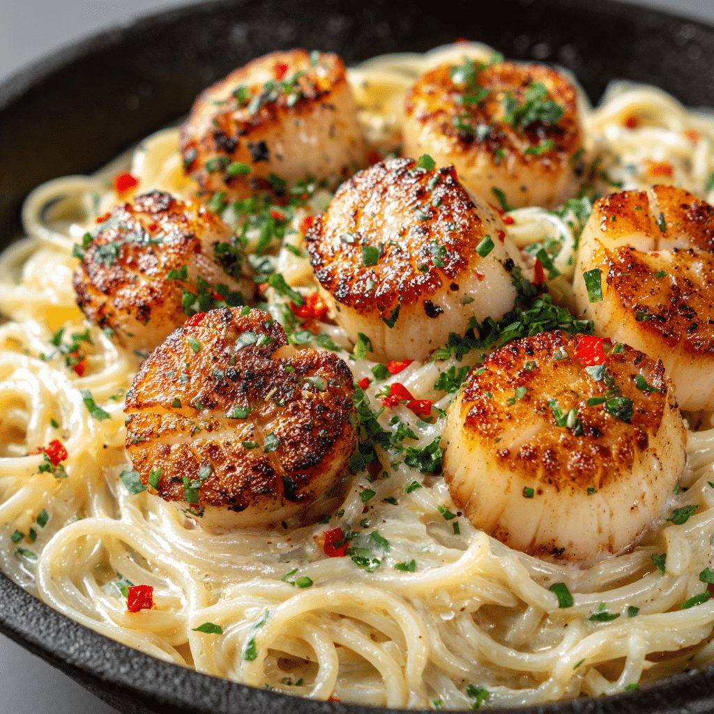 Creamy Tuscan Spaghetti with Jumbo Scallops Recipe - Recipe Image