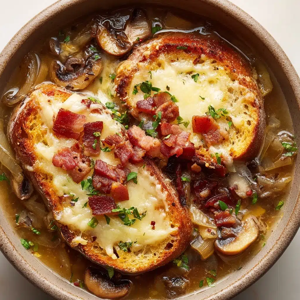 Mushroom & Caramelized Onion Soup with Cheesy Toasties Recipe - Recipe Image