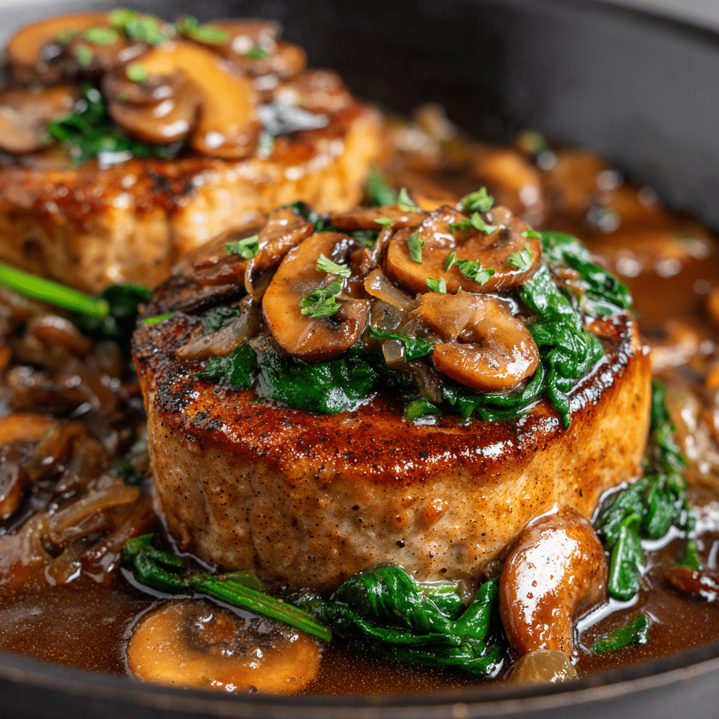 Goat Cheese & Spinach Stuffed Chicken Breast with Caramelized Onions + Mushrooms Recipe - Recipe Image