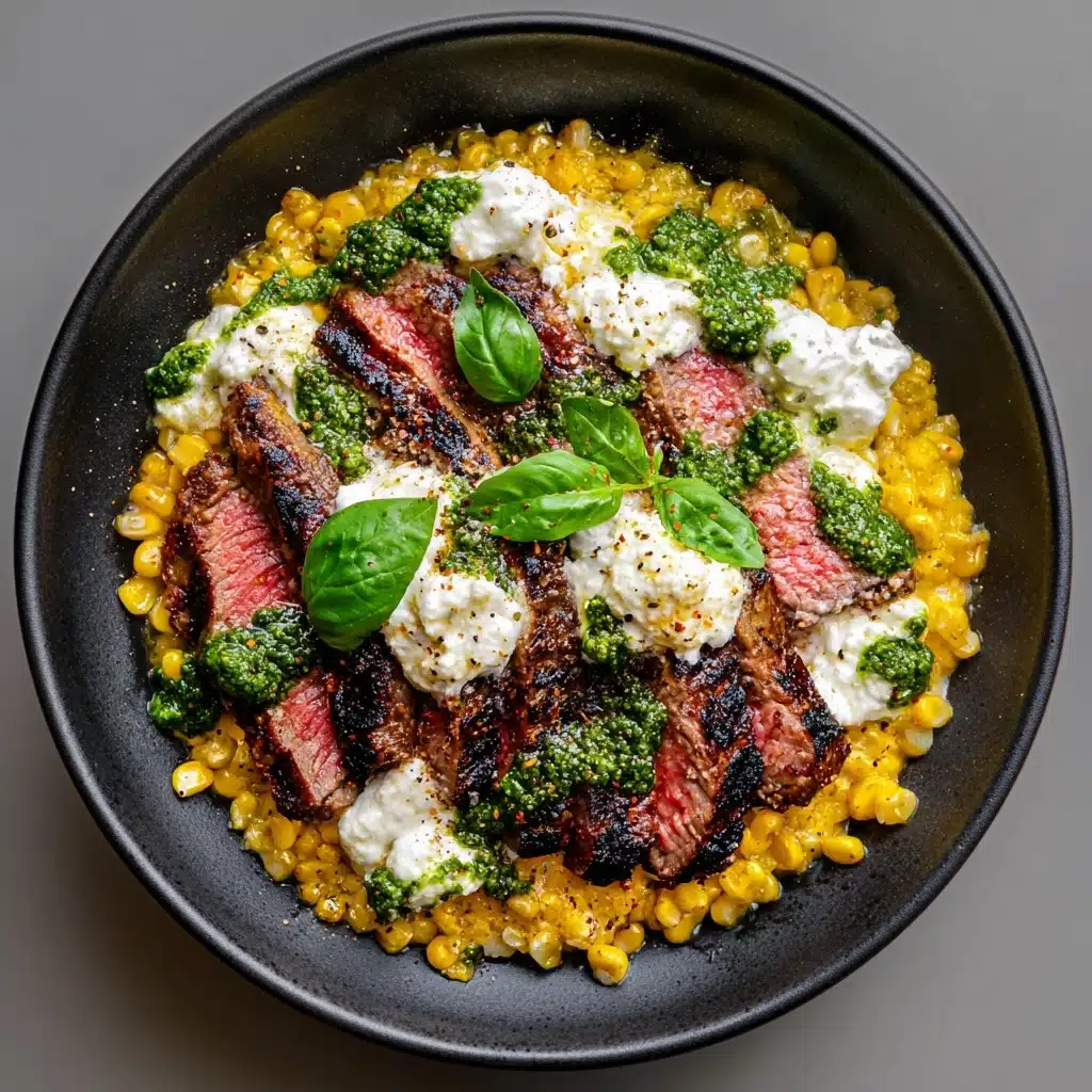 Grilled Flank Steak with Burrata & Pesto Recipe - Recipe Image