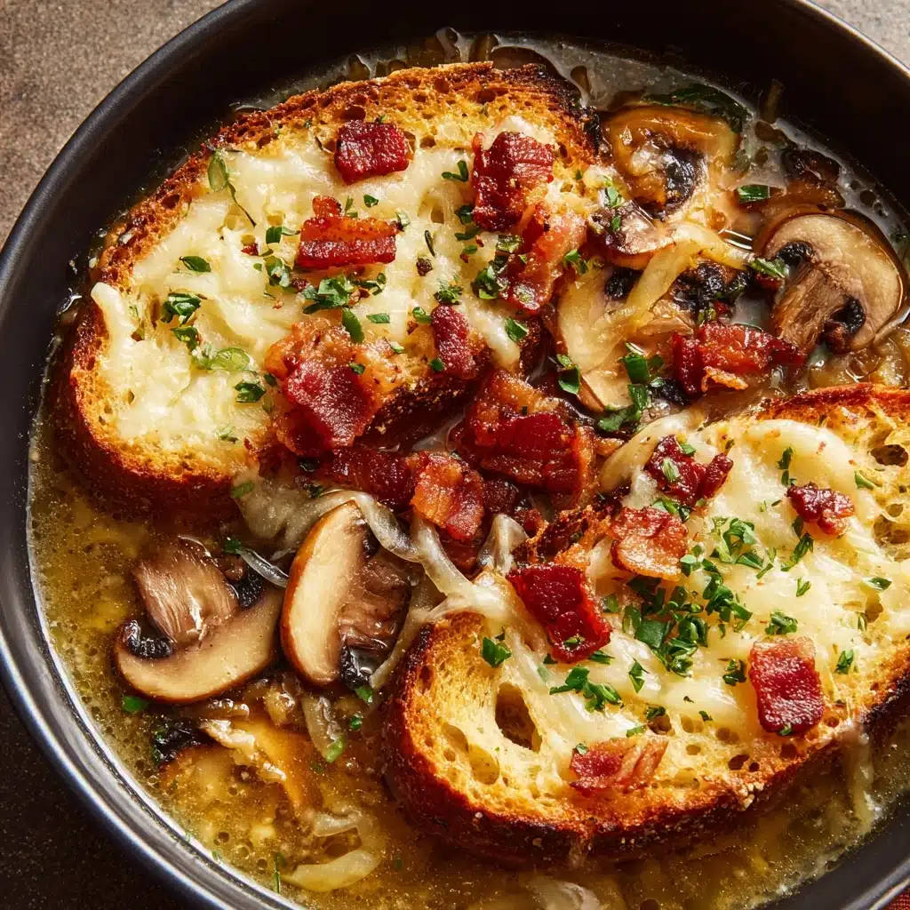 Mushroom & Caramelized Onion Soup with Cheesy Toasties Recipe - Recipe Image