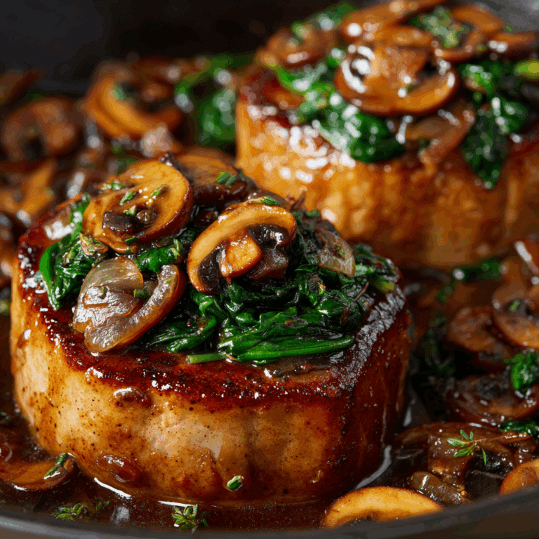 Goat Cheese & Spinach Stuffed Chicken Breast with Caramelized Onions + Mushrooms Recipe
