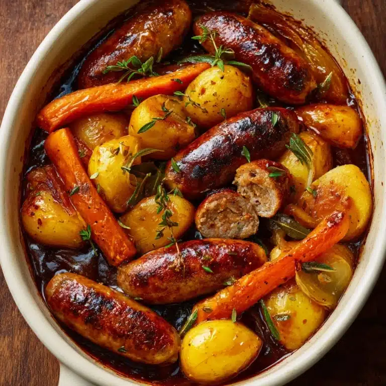 Oven Baked Sausages with Potatoes, Vegetables and Gravy Recipe
