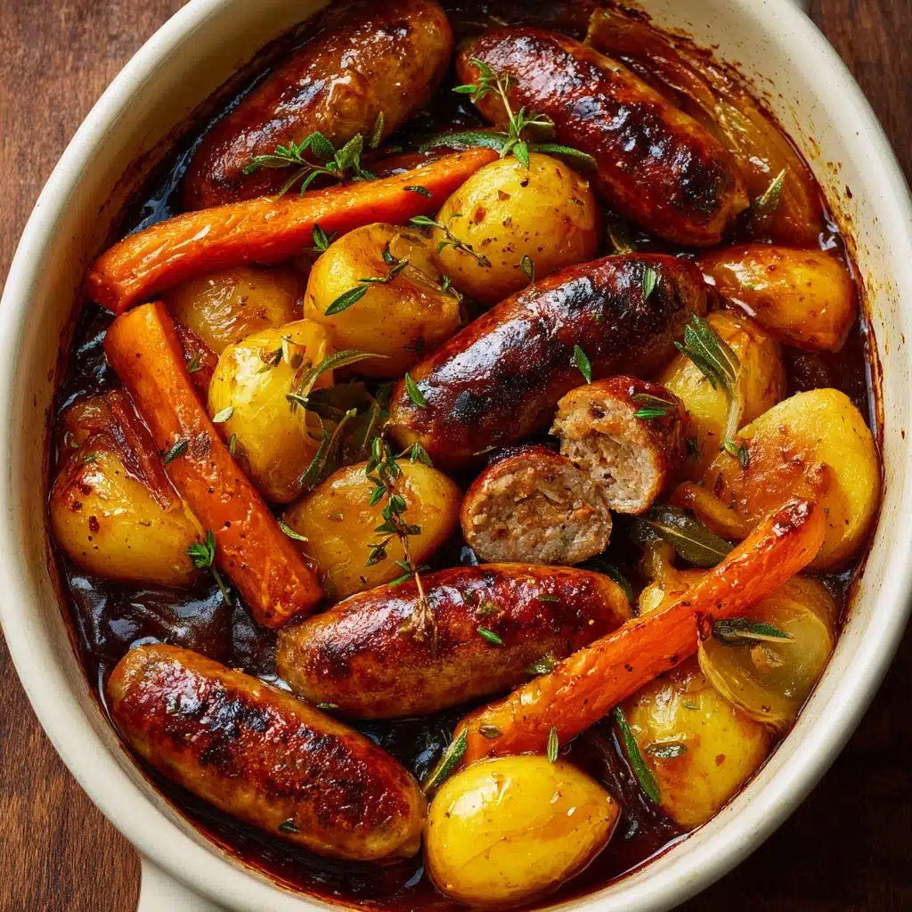 Oven Baked Sausages with Potatoes, Vegetables and Gravy Recipe