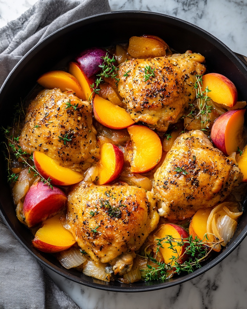 Skillet Roast Chicken with Peaches, Tomatoes, and Red Onion Recipe - Recipe Image