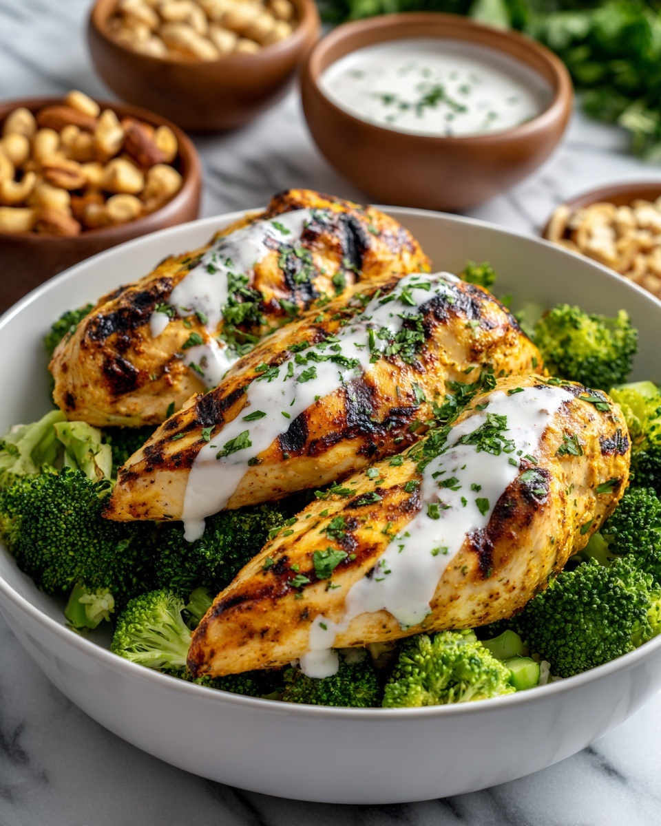 Grilled Chicken Broccoli Bowls with Creamy Garlic Sauce Recipe - Recipe Image