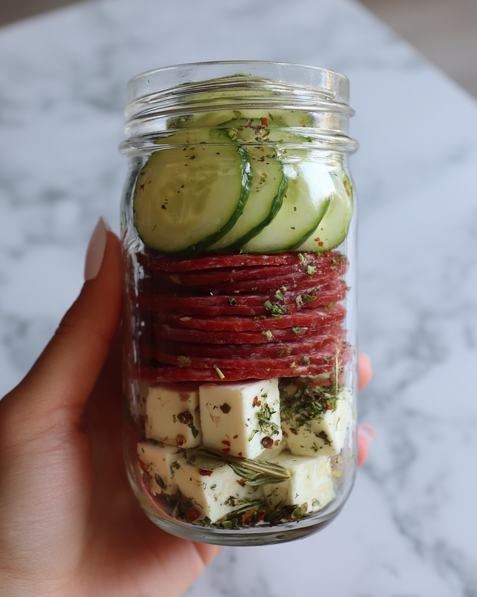 Easy Marinated Cheese Appetizer with Salami & Pickles Recipe - Recipe Image