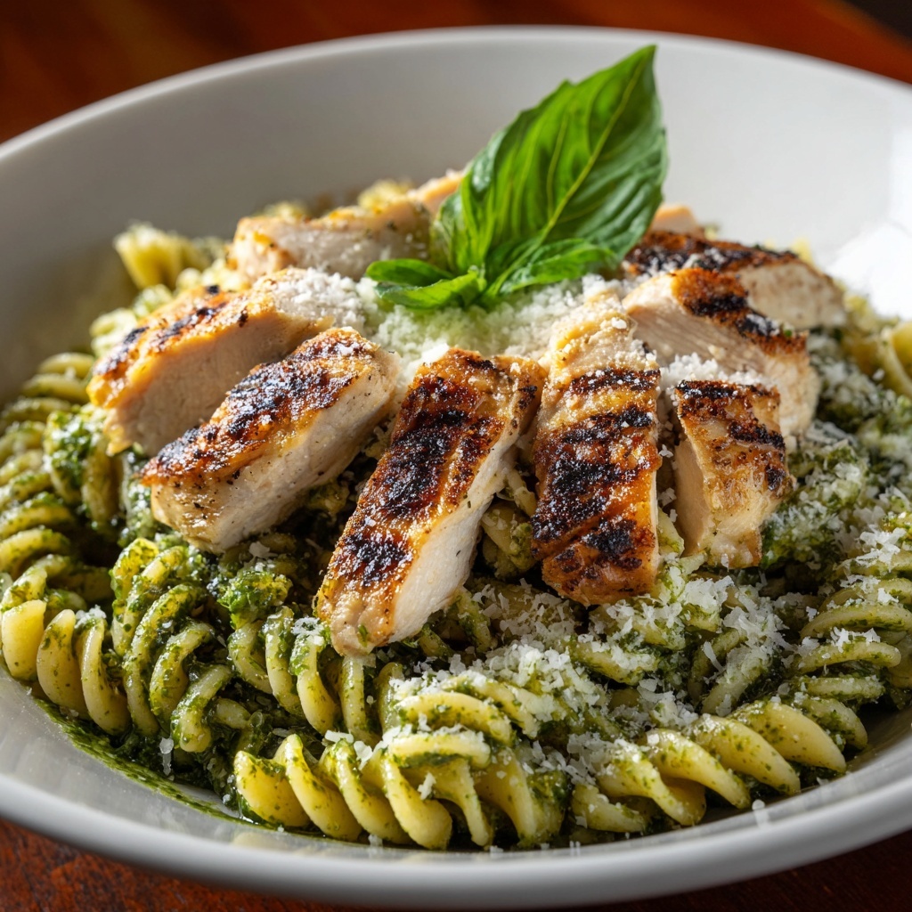 Pasta with Spinach Pesto and Grilled Chicken Recipe - Recipe Image