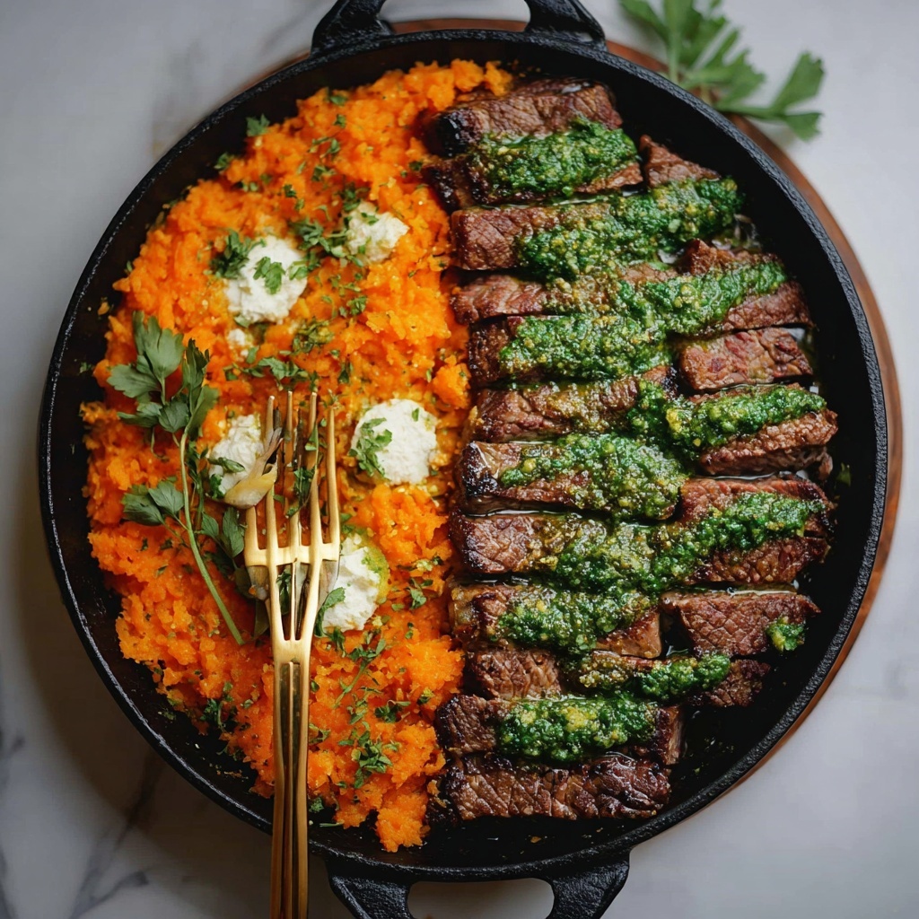 Steak with Green Sauce and Mashed Sweet Potatoes Recipe - Recipe Image