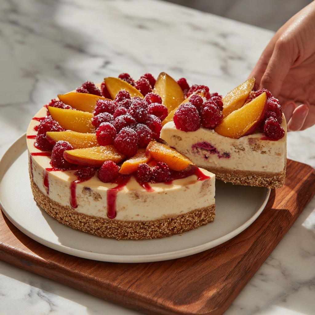 Summer Bliss Peach and Raspberry Cheesecake Delight Recipe - Recipe Image