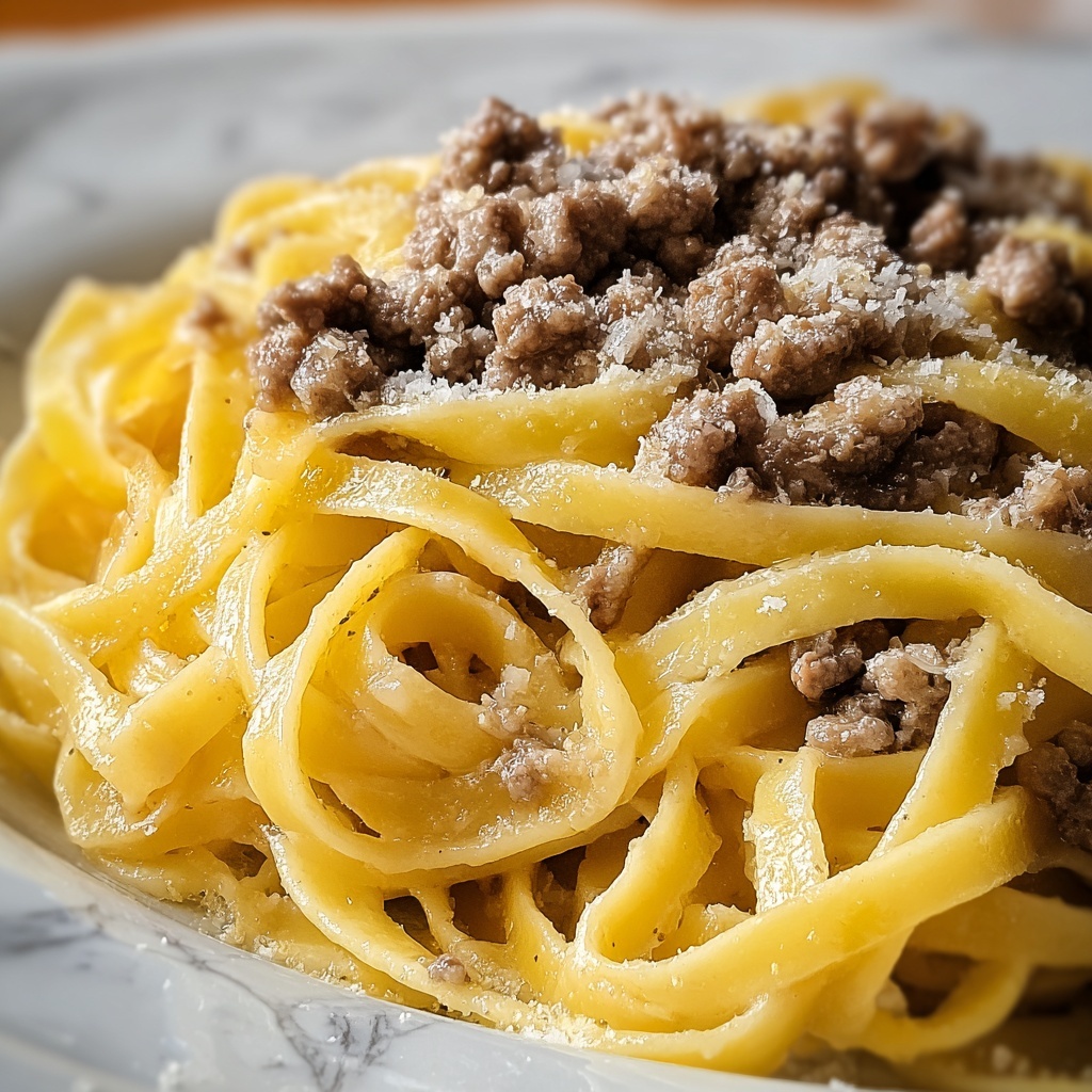Cheesy Garlic Butter Linguine Pasta with Savory Ground Beef Recipe - Recipe Image
