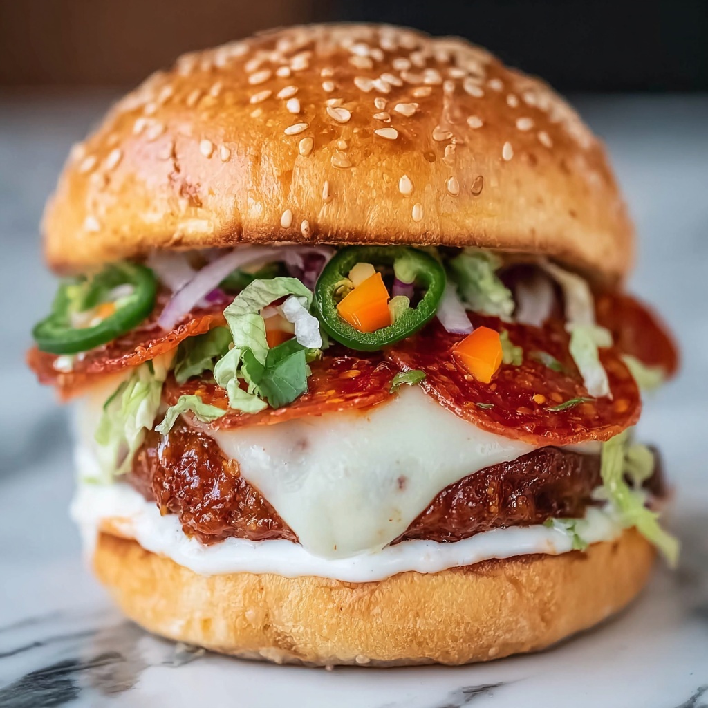 Pepperoni Burger with Provolone and Brioche Recipe - Recipe Image