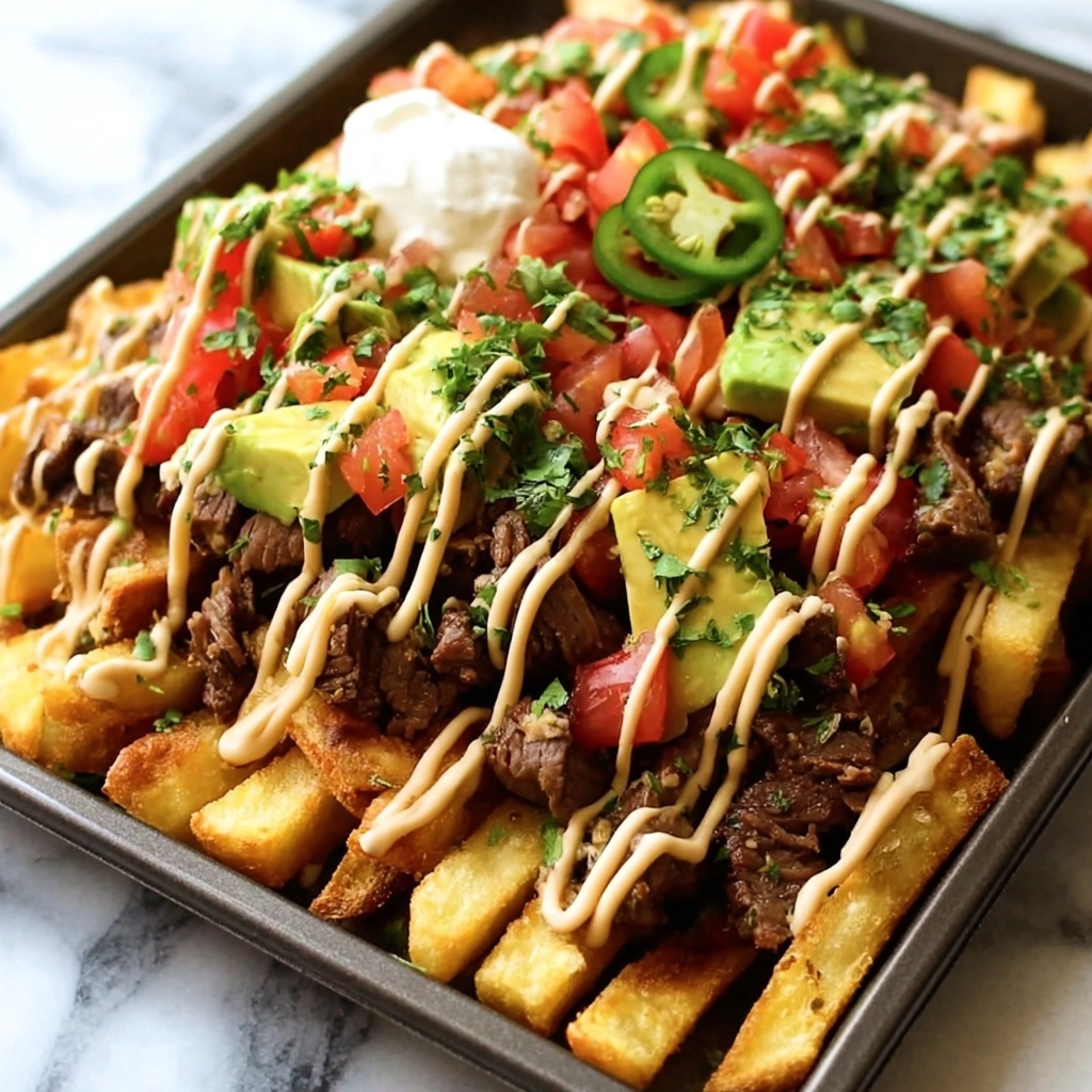 Carne Asada Fries with Cheese Sauce and Fresh Toppings Recipe - Recipe Image
