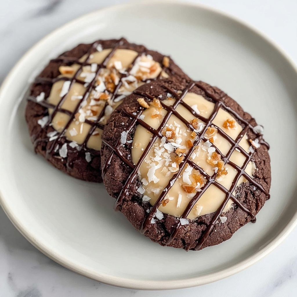 German Chocolate Cookies with Coconut Pecan Frosting and Chocolate Drizzle Recipe - Recipe Image