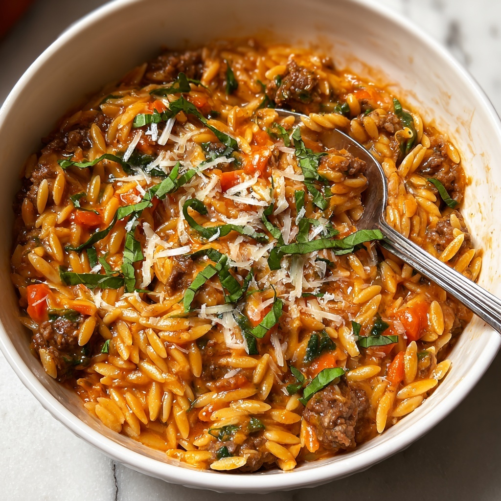 Ground Beef Orzo with Tomato Cream Sauce Recipe - Recipe Image