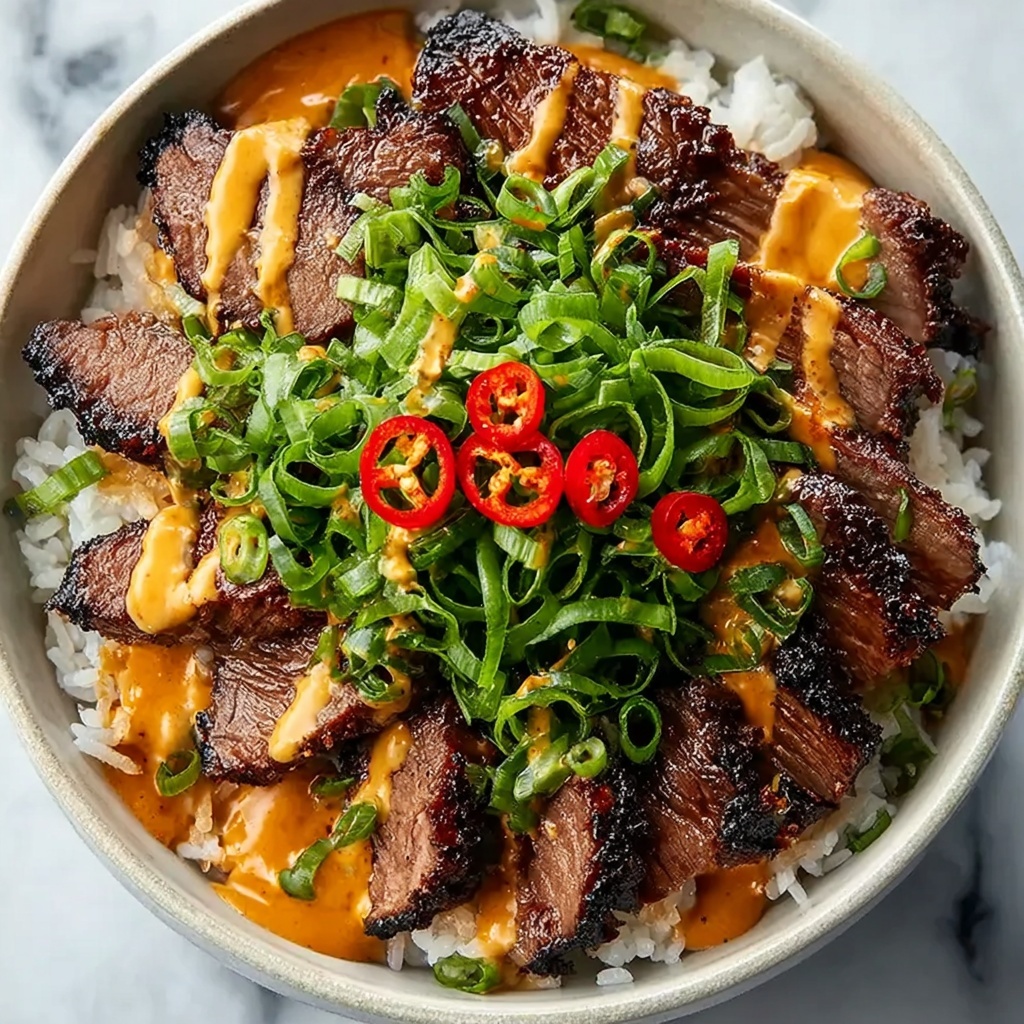 Korean BBQ Steak Rice Bowls with Spicy Cream Sauce Recipe - Recipe Image