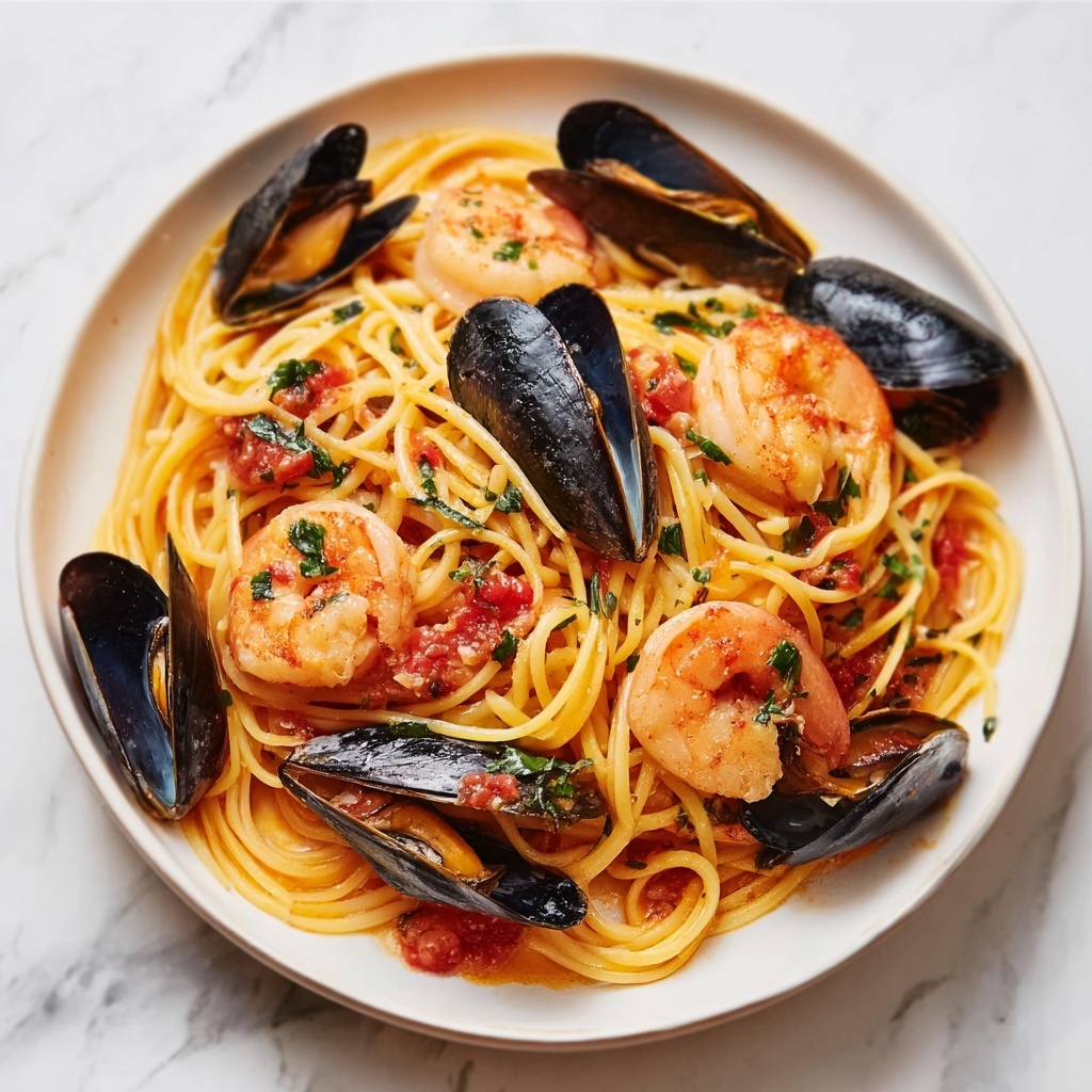 Seafood Pasta with Shrimp, Mussels, and Cherry Tomatoes Recipe - Recipe Image