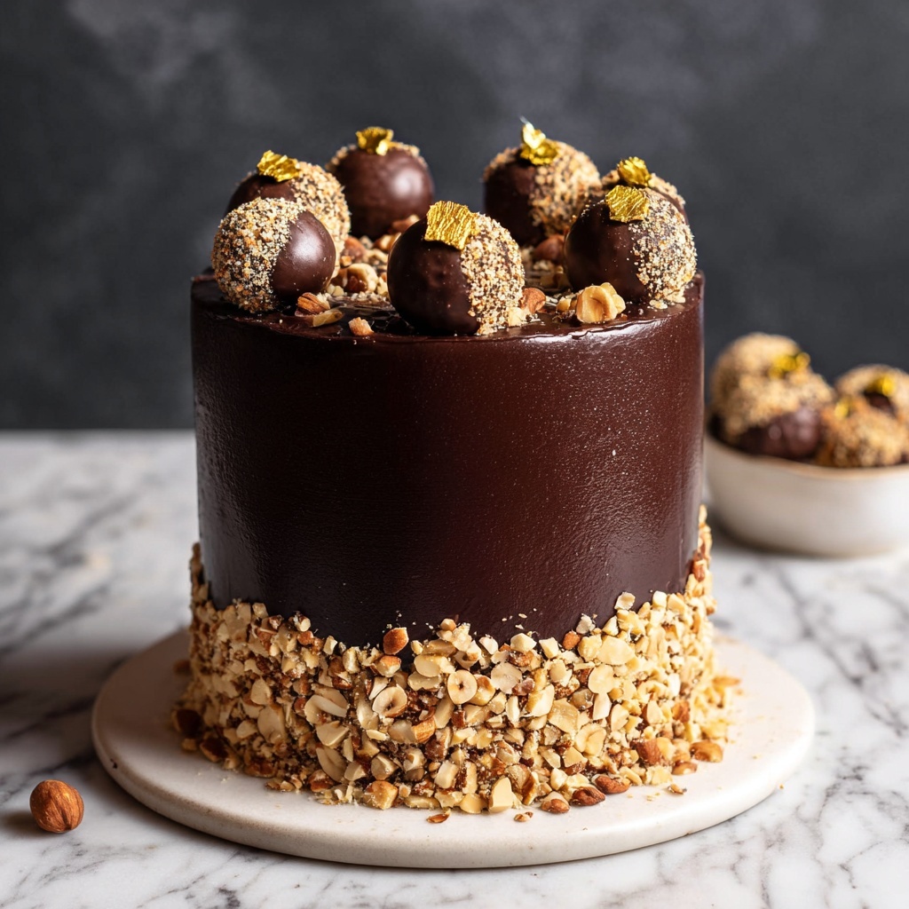 Vegan Ferrero Rocher Cake with Hazelnut and Chocolate Ganache Recipe - Recipe Image