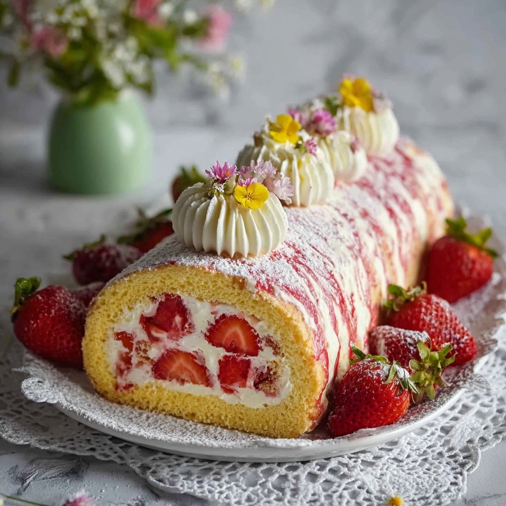 Strawberry Cream Swiss Roll Cake Recipe - Recipe Image