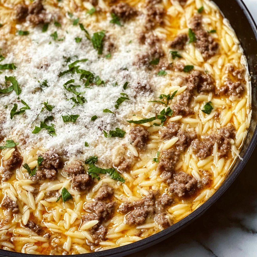 Cheesy Ground Beef Orzo Skillet Recipe - Recipe Image