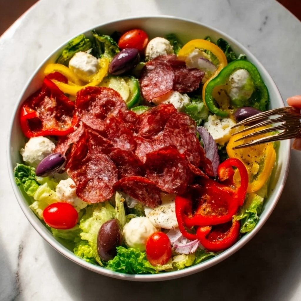 Classic Italian Salad with Mozzarella, Salami, and Vegetables Recipe - Recipe Image