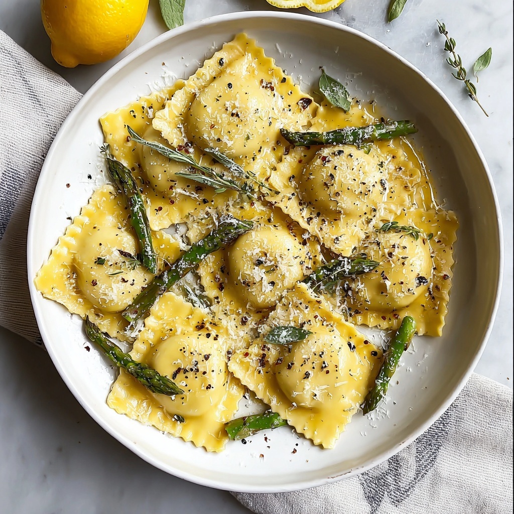 Lemon Parmesan Butter Ravioli with Asparagus and Garlic Recipe - Recipe Image
