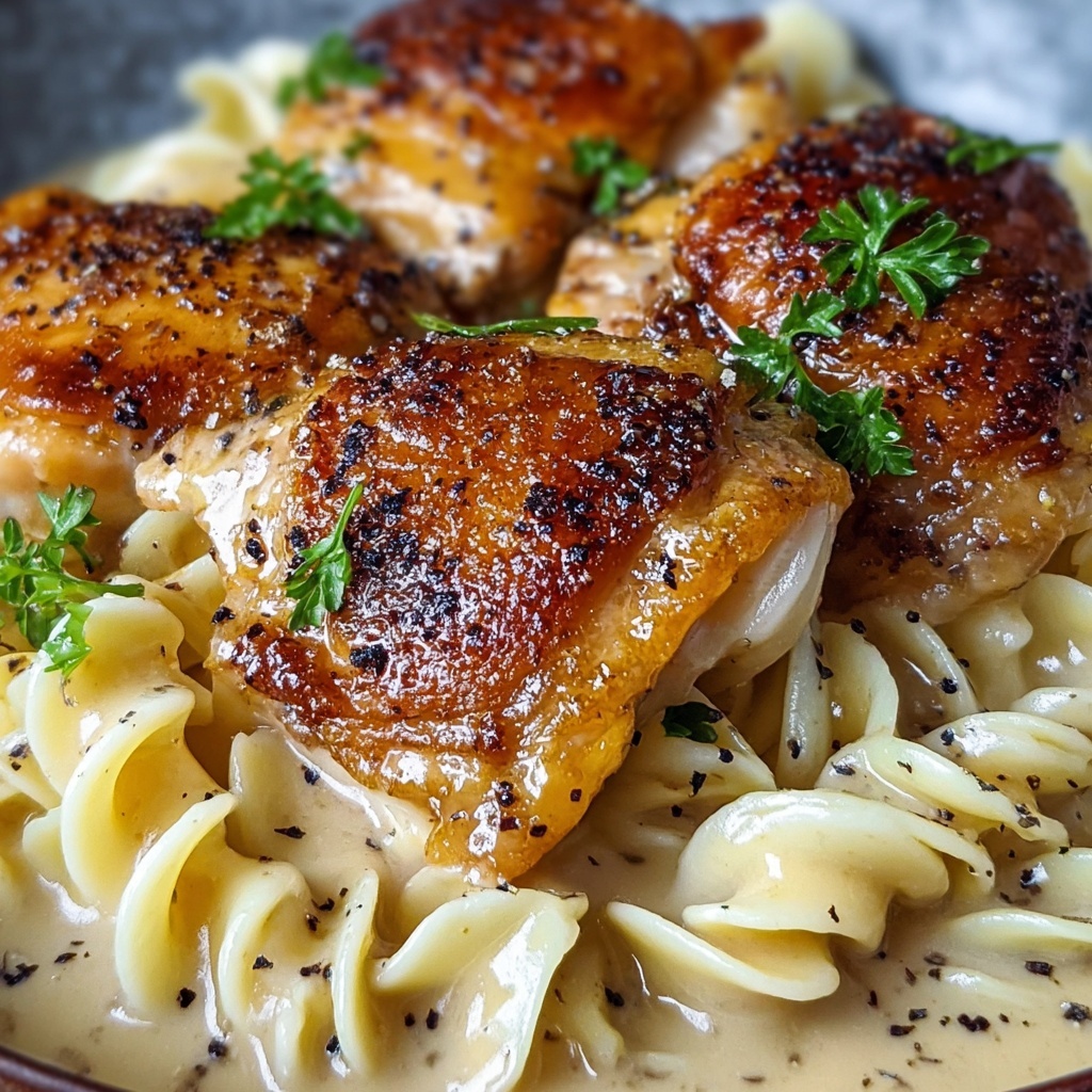 One-Pan Creamy Garlic Butter Chicken with Egg Noodles Recipe - Recipe Image