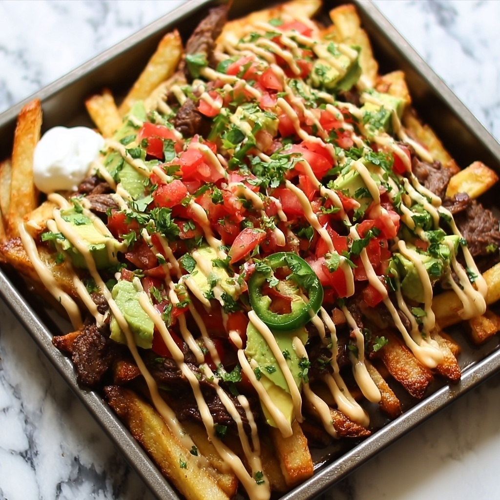 Carne Asada Fries with Cheese Sauce and Fresh Toppings Recipe - Recipe Image