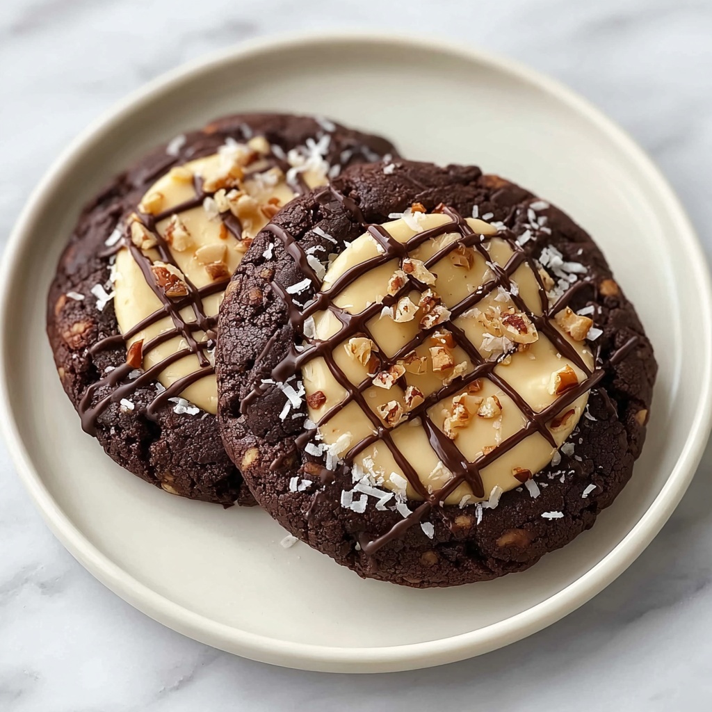 German Chocolate Cookies with Coconut Pecan Frosting and Chocolate Drizzle Recipe - Recipe Image