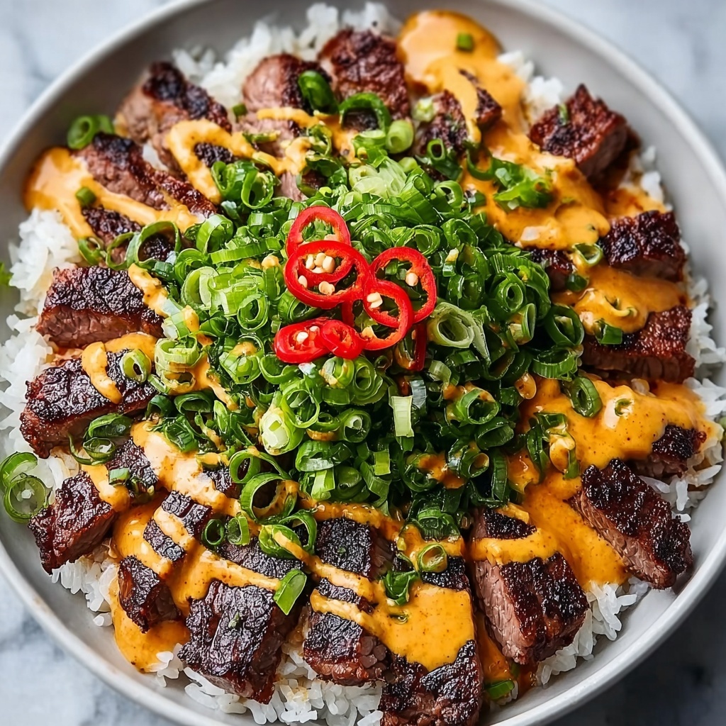 Korean BBQ Steak Rice Bowls with Spicy Cream Sauce Recipe - Recipe Image