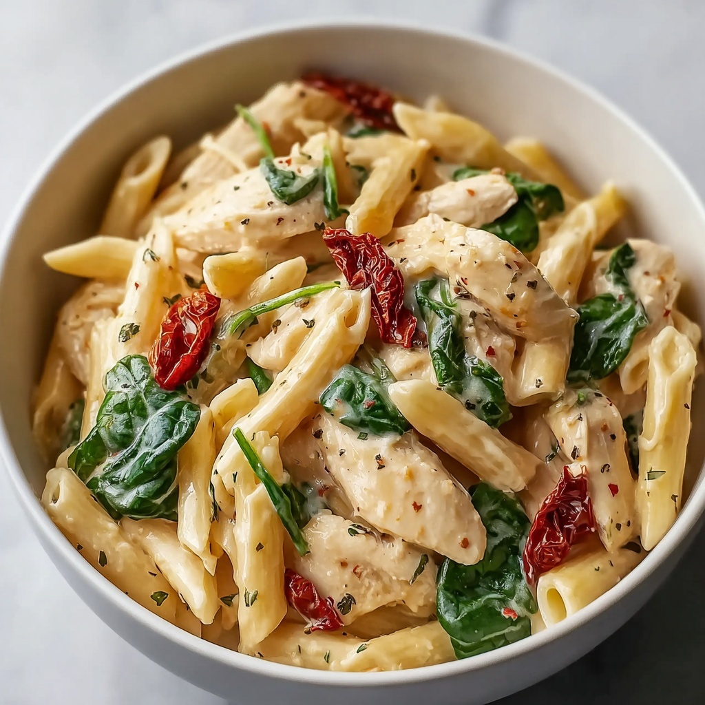 One-Pot Creamy Garlic Tuscan Chicken Pasta Recipe - Recipe Image
