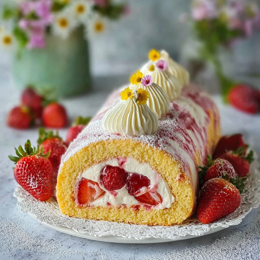 Strawberry Cream Swiss Roll Cake Recipe - Recipe Image