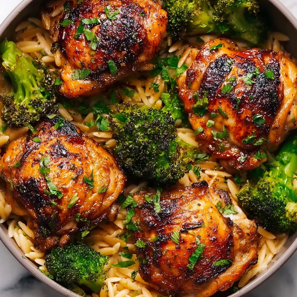 Skillet Chicken Thighs with Broccoli and Orzo Recipe - Recipe Image