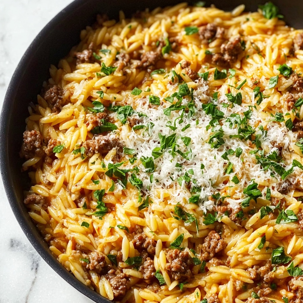 Cheesy Ground Beef Orzo Skillet Recipe - Recipe Image