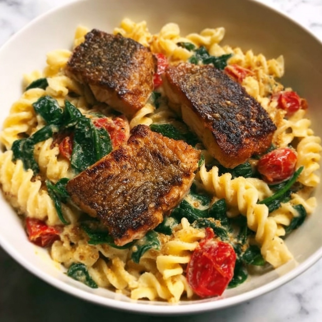Healthy Creamy Tuscan Salmon Pasta Recipe - Recipe Image