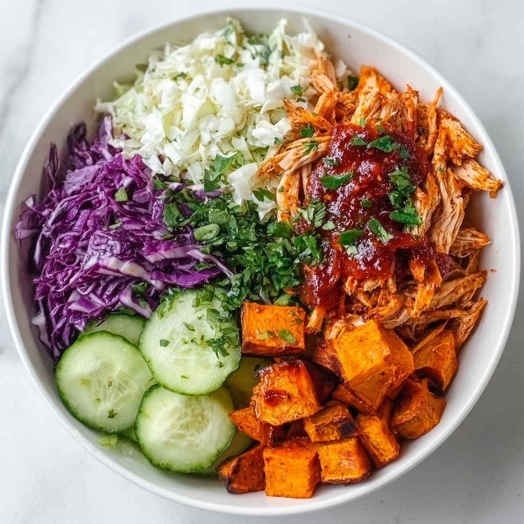 BBQ Chicken Bowls with Sweet Potatoes, Coleslaw, and Pickles Recipe - Recipe Image