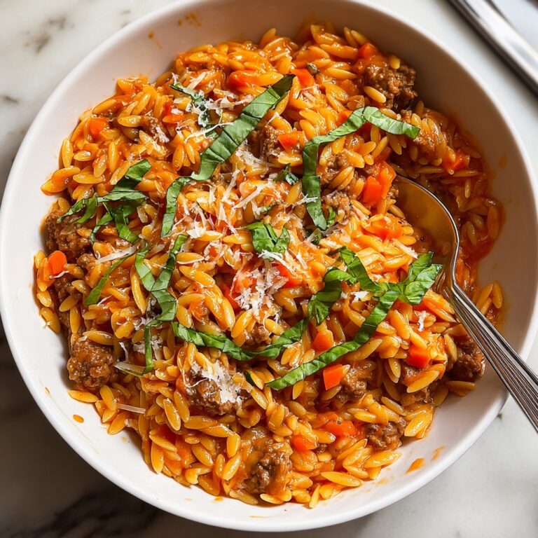 Ground Beef Orzo with Tomato Cream Sauce Recipe