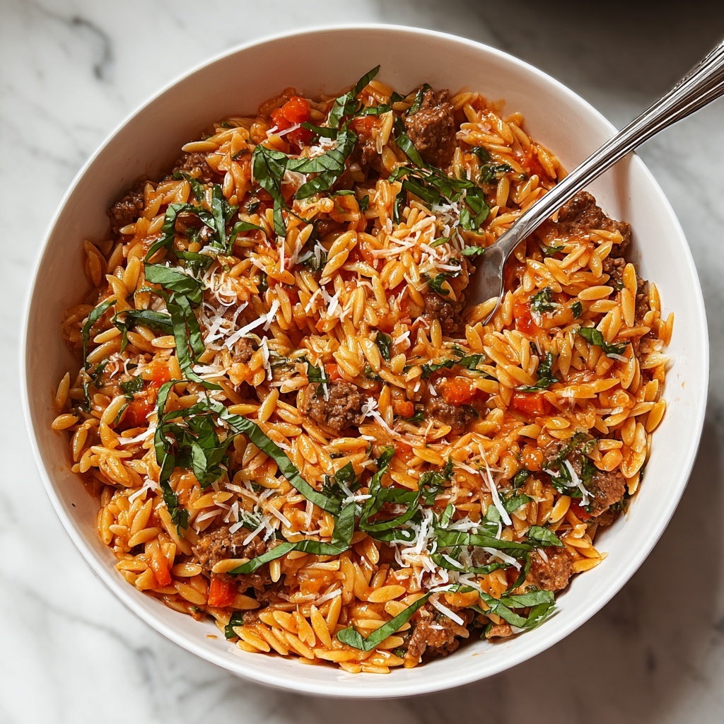 Ground Beef Orzo with Tomato Cream Sauce Recipe - Recipe Image