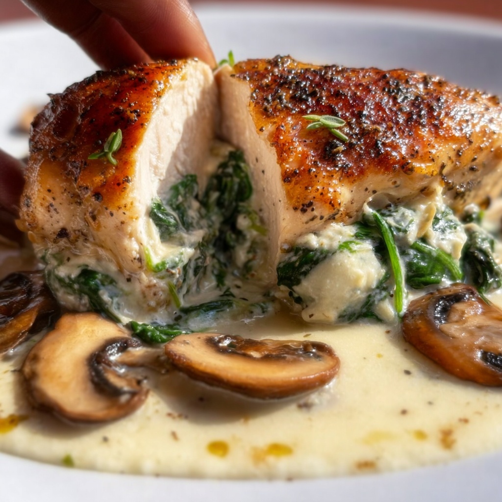 Creamy Spinach & Mushroom Chicken (Lightened) Recipe - Recipe Image