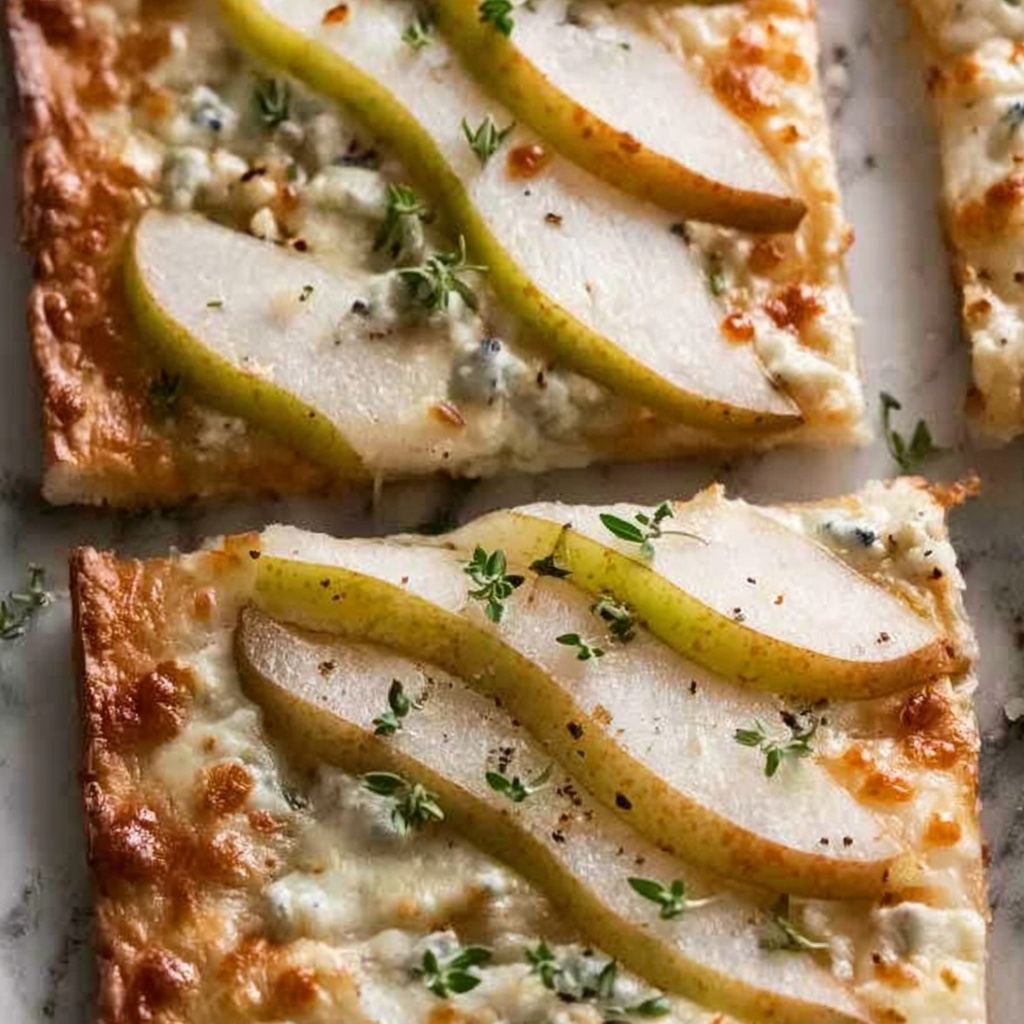 Pear and Gorgonzola Flatbread with Honey, Walnuts, and Arugula Recipe - Recipe Image