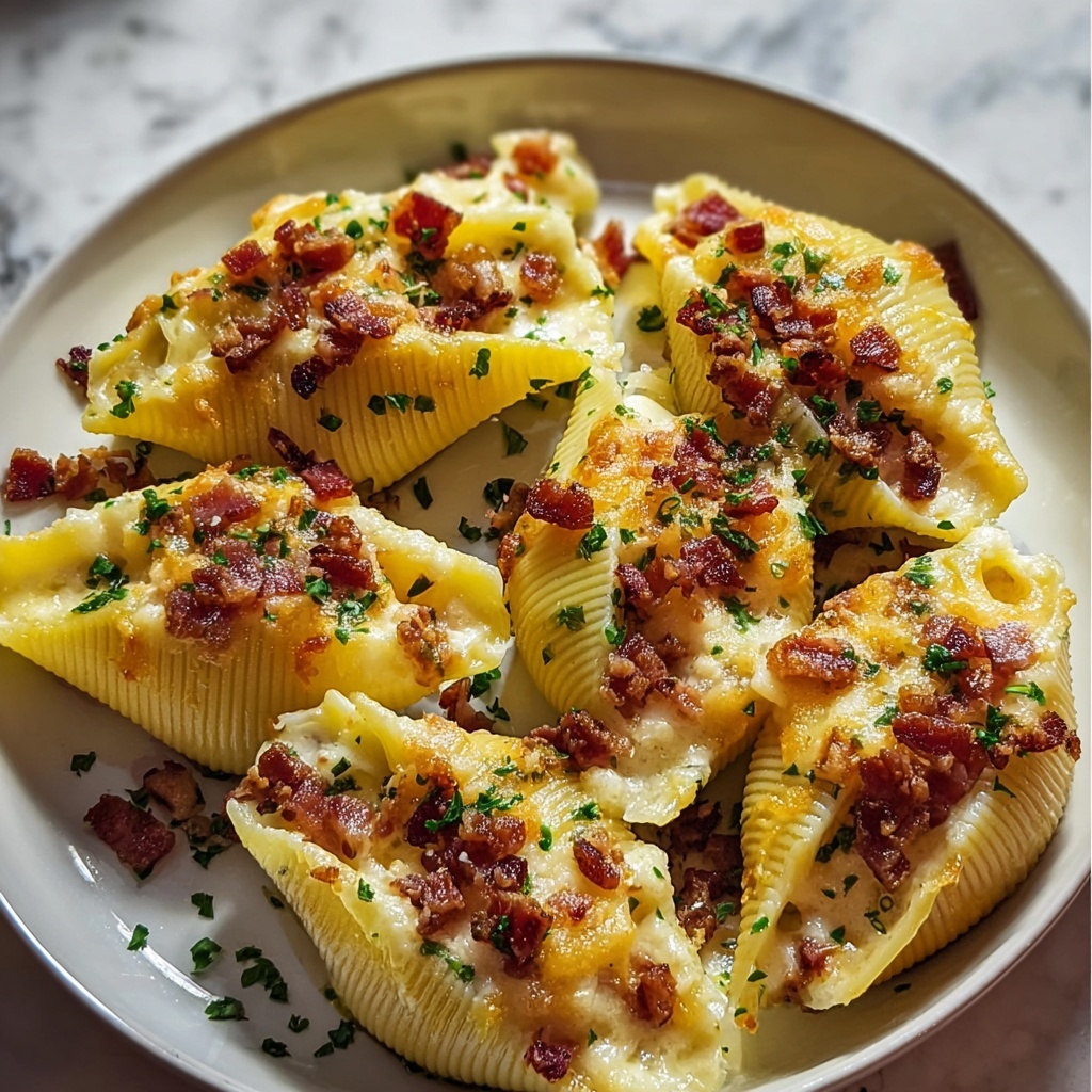 Creamy Loaded Bacon Mac and Cheese Stuffed Shells Recipe - Recipe Image